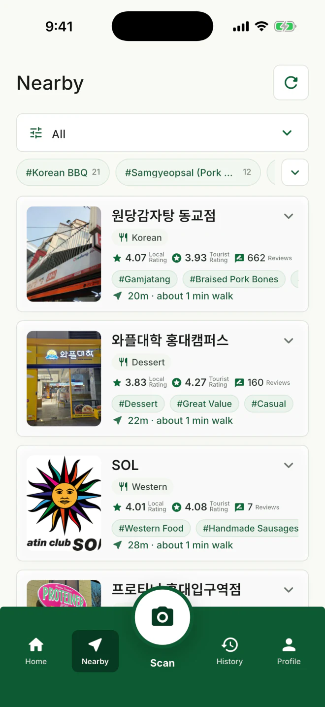 Current HereSign Nearby screen showing restaurants and distances around Hongdae