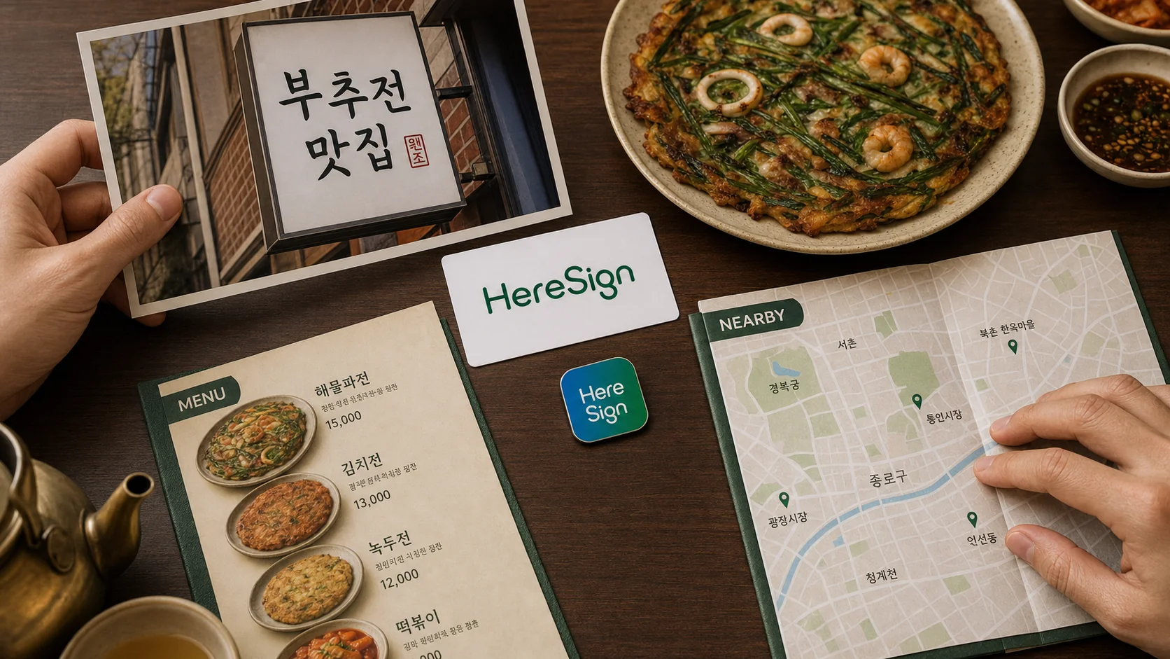 한국 식당 간판, 파전 메뉴, 주변 지도와 HereSign 브랜드가 놓인 테이블