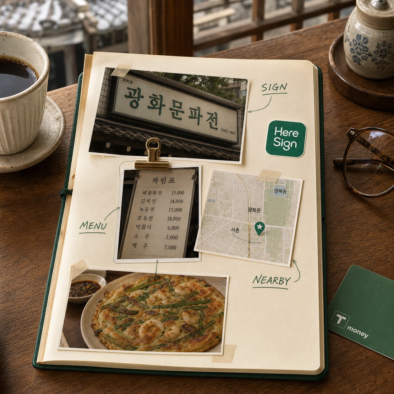 한국 식당 간판, 메뉴, 주변 지도, 해물파전 사진과 HereSign 배지가 놓인 여행 노트